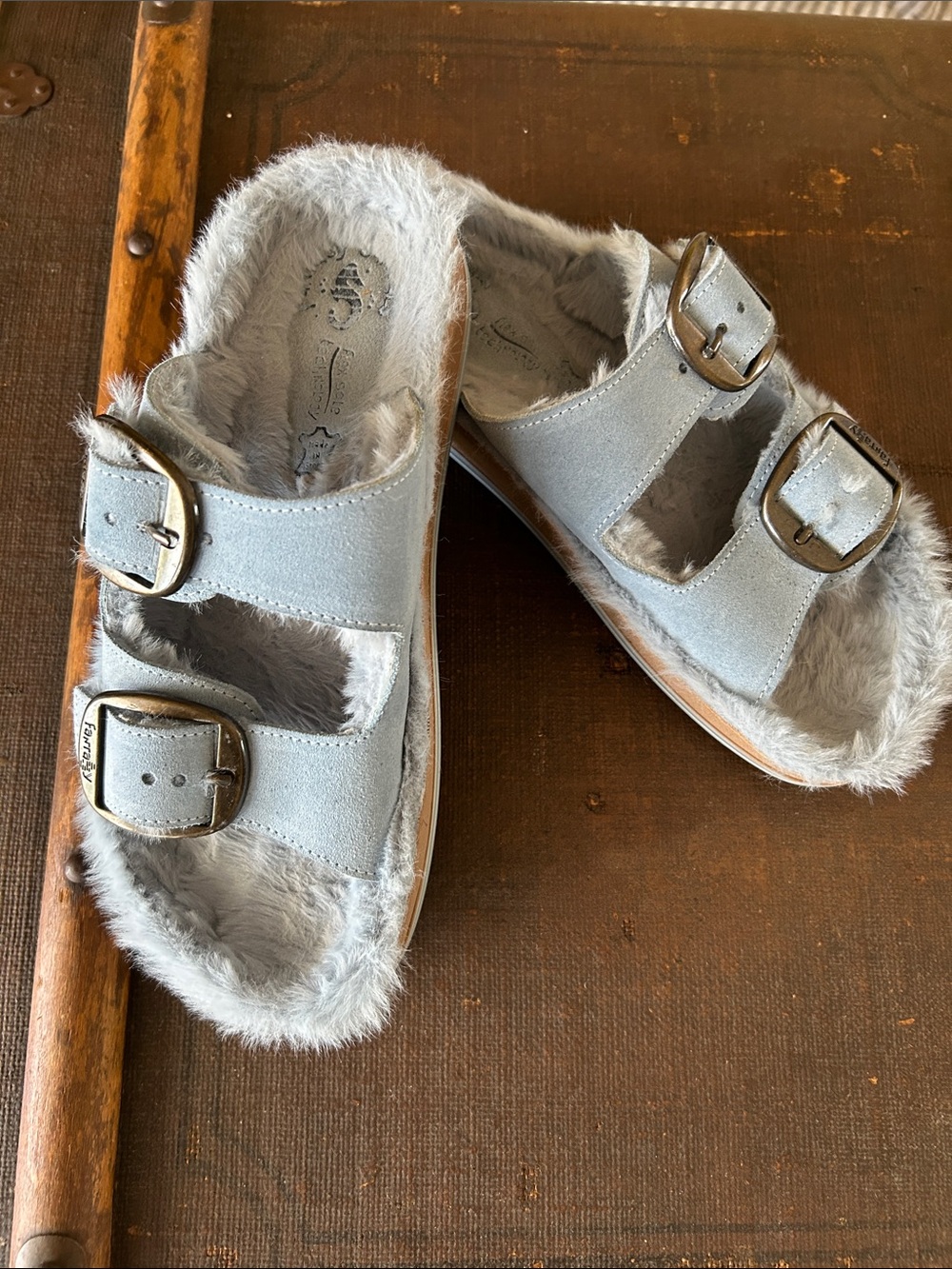 Faux-Fur Lined Double-Buckle Sandals in Light Sky Blue